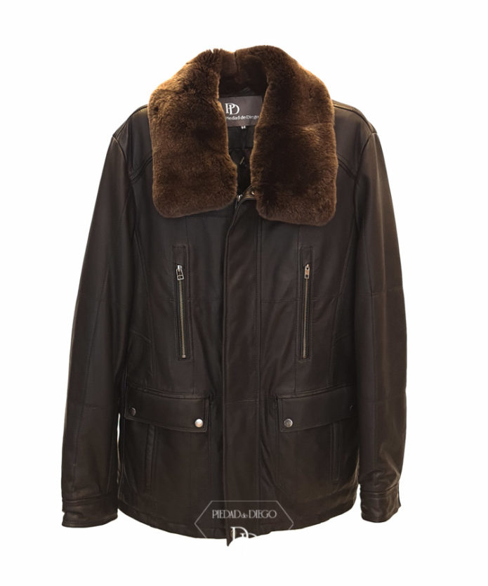 chaqueton piel hombre negro y cuello desmontable